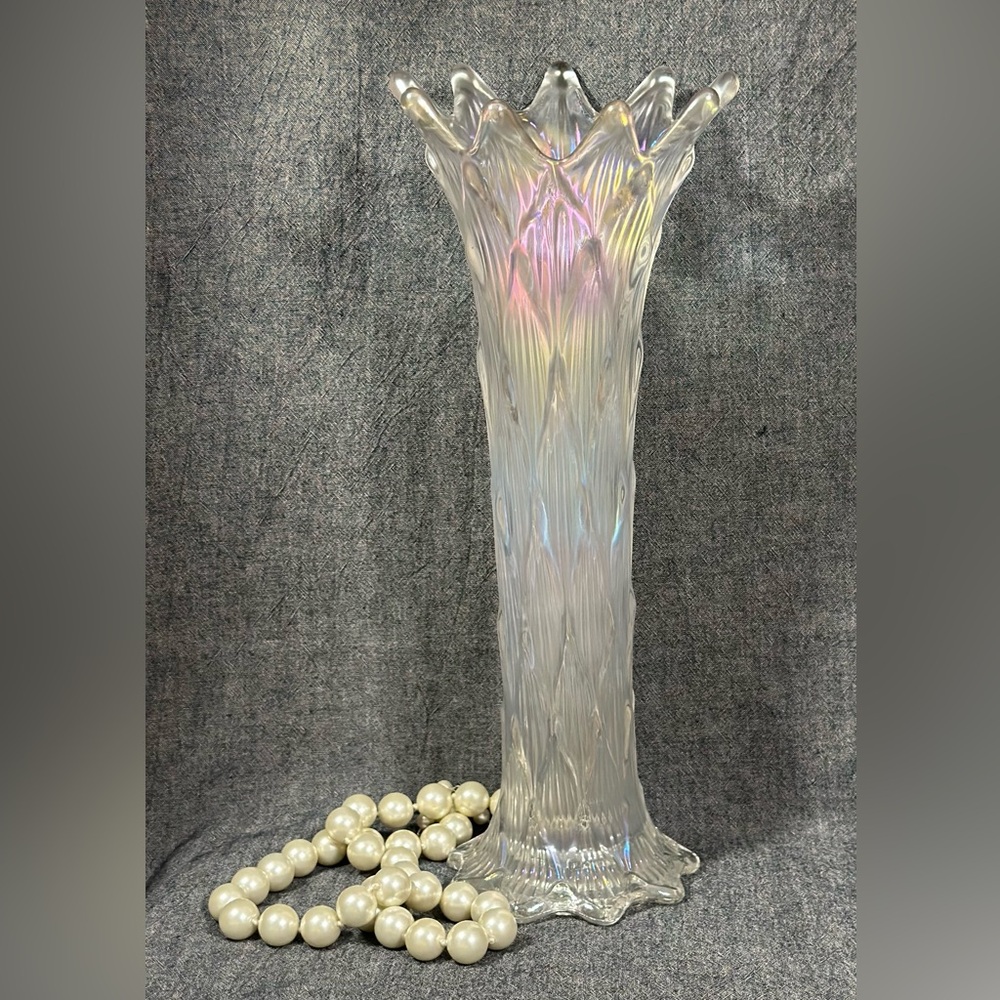 Antique Iridescent carnival glass vase with lattice pattern.
